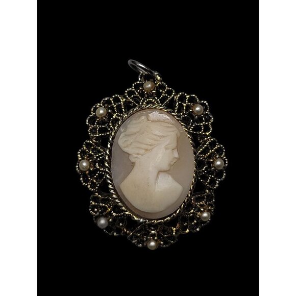 Vermeil Carved Shell Cameo Pendant Faux Pearl Accent Gold Tone Sterling Silver - Picture 9 of 14